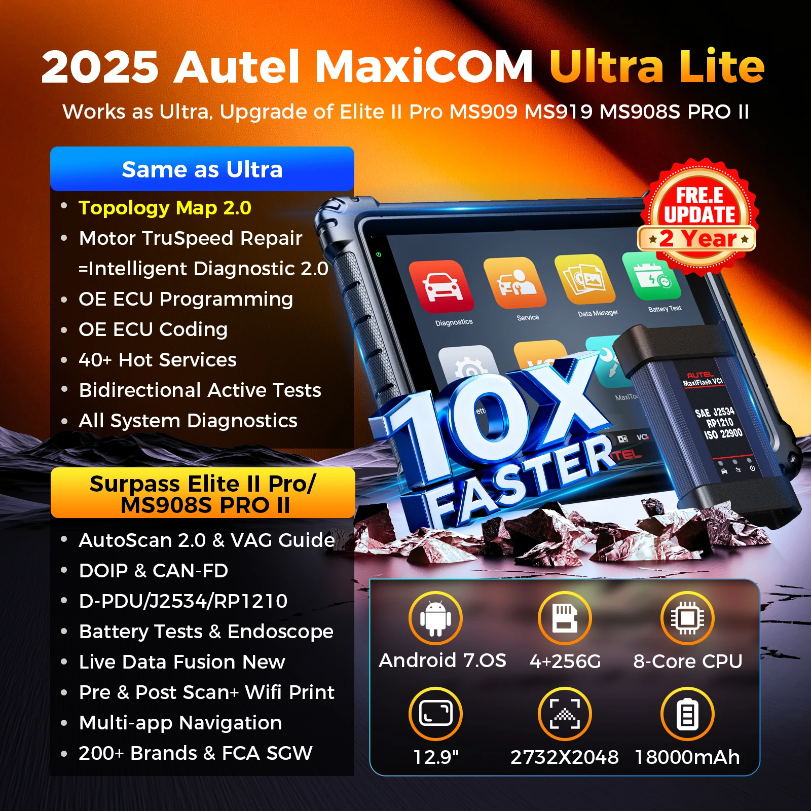 Autel Ultra Lite Diagnostic Scanner Advanced VCMI ECU Programming CAN FD Auto Scan Tool All System Diagnosis PK MS919