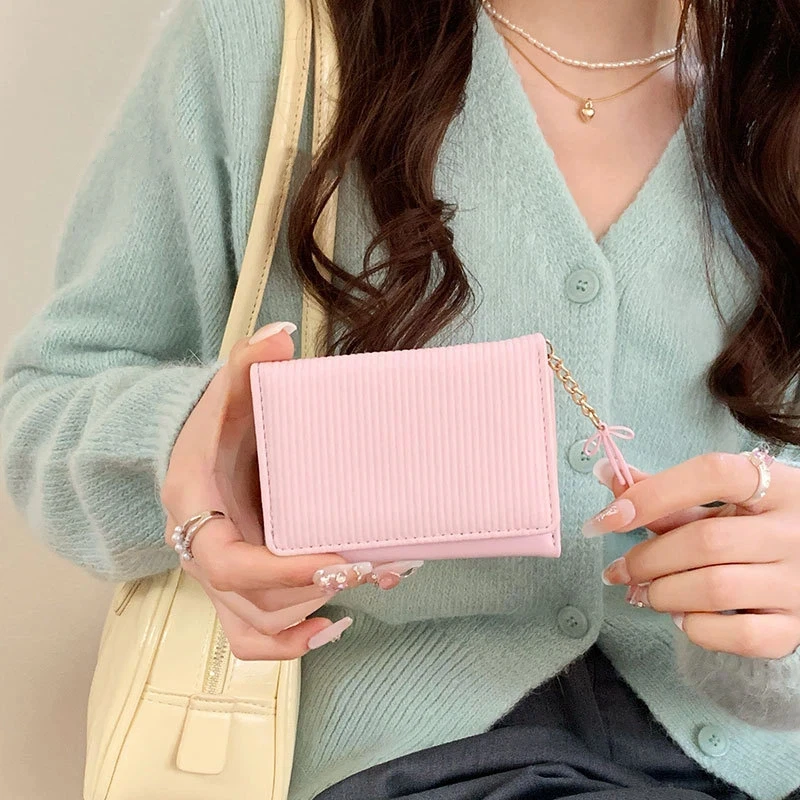 2026 Brand Designer Pink Women Bag Cute Short Lady Wallet Cardholder Multifunction Famale Card Bag Pretty Bow Leather Money Clip