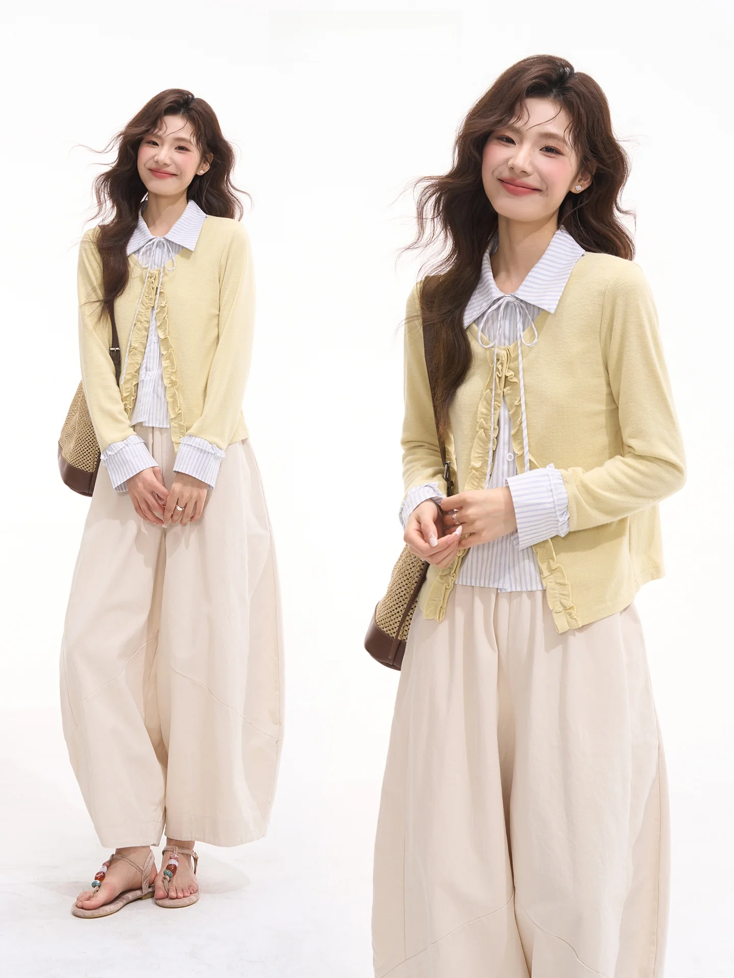 

Женская блузка в корейском стиле с цветочным декором, весенне-летняя, хлопковая, в полоску, с поясом, дышащая, удобная, с длинным рукавом