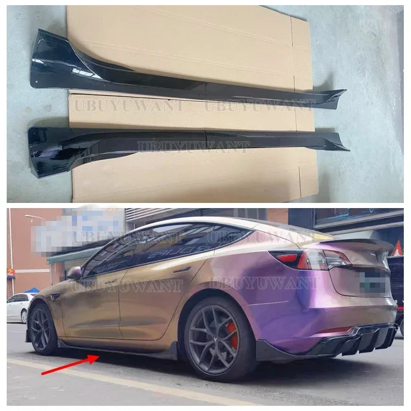 For Tesla Model 3 AND MODEL Y 2018-2023+ 4 PCS GLOSSY BLACK / Carbon Fiber COLOR Body Kit Side Skirt Spoiler Accessories