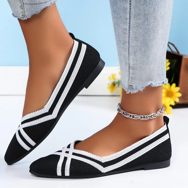 Autumn Women Casual Shoes for Woman Slip-on Pump Knit Single Flat Shoes Breathable Pointed Head Ladies Cloth Loafers Size 43