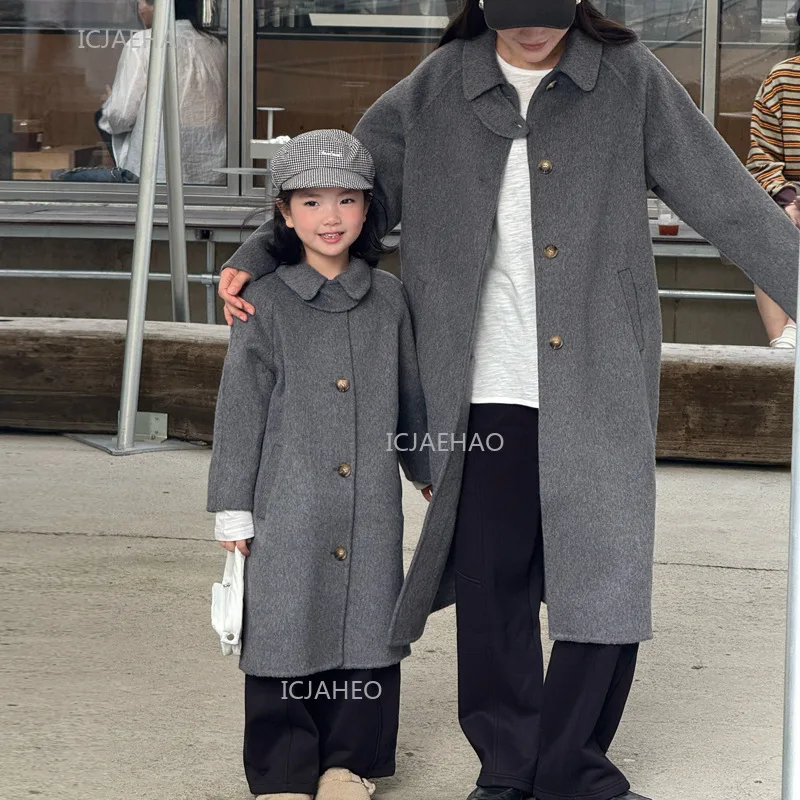 Family Clothing Matching Mother Daughter Double Korean Style Mid Long Jacket Outfits Faced Wool Coat Mom and Kids Winter New