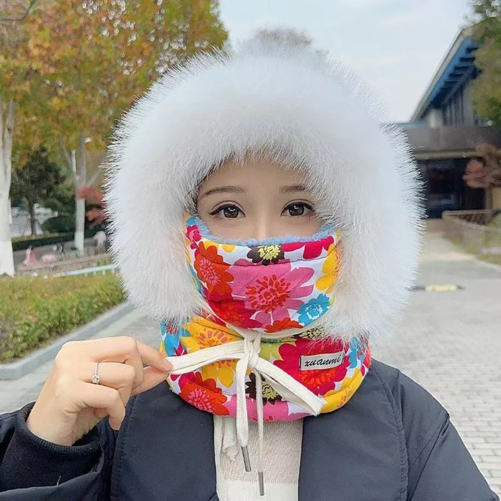 

Windproof 3-in-1 Winter Cycling Hat Flower Print Cold Resistant Warm Scarf Face Mask Neck Warmer Thickened Lei Feng Hat Skiing