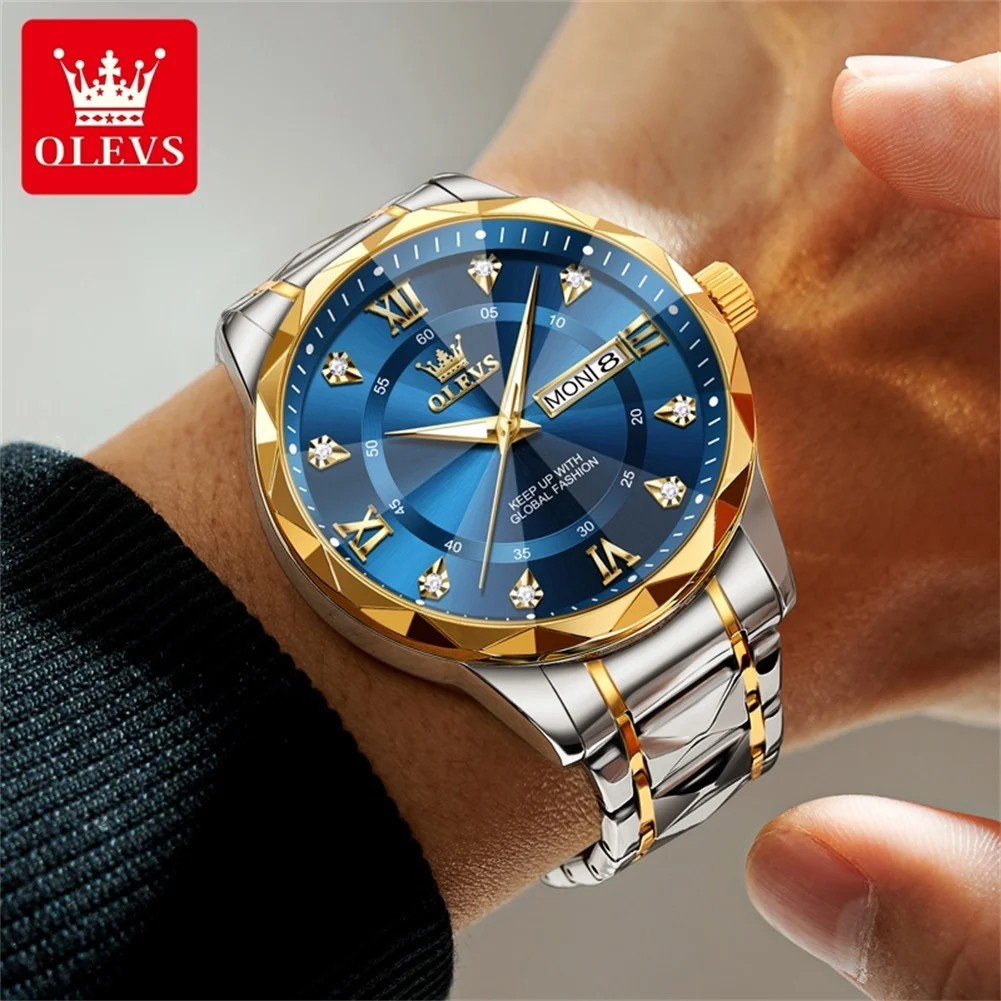 OLEVS Rhombus Design Quartz Watches for Man Dual Calendar Display Luminous Stainless steel Strap Diamond Dial Male Wristwatches