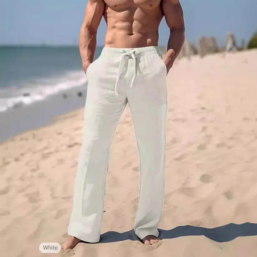 Men's Linen Four-season Beach Trousers Drawstring Elastic Waist Straight Flat, Comfortable And Breathable