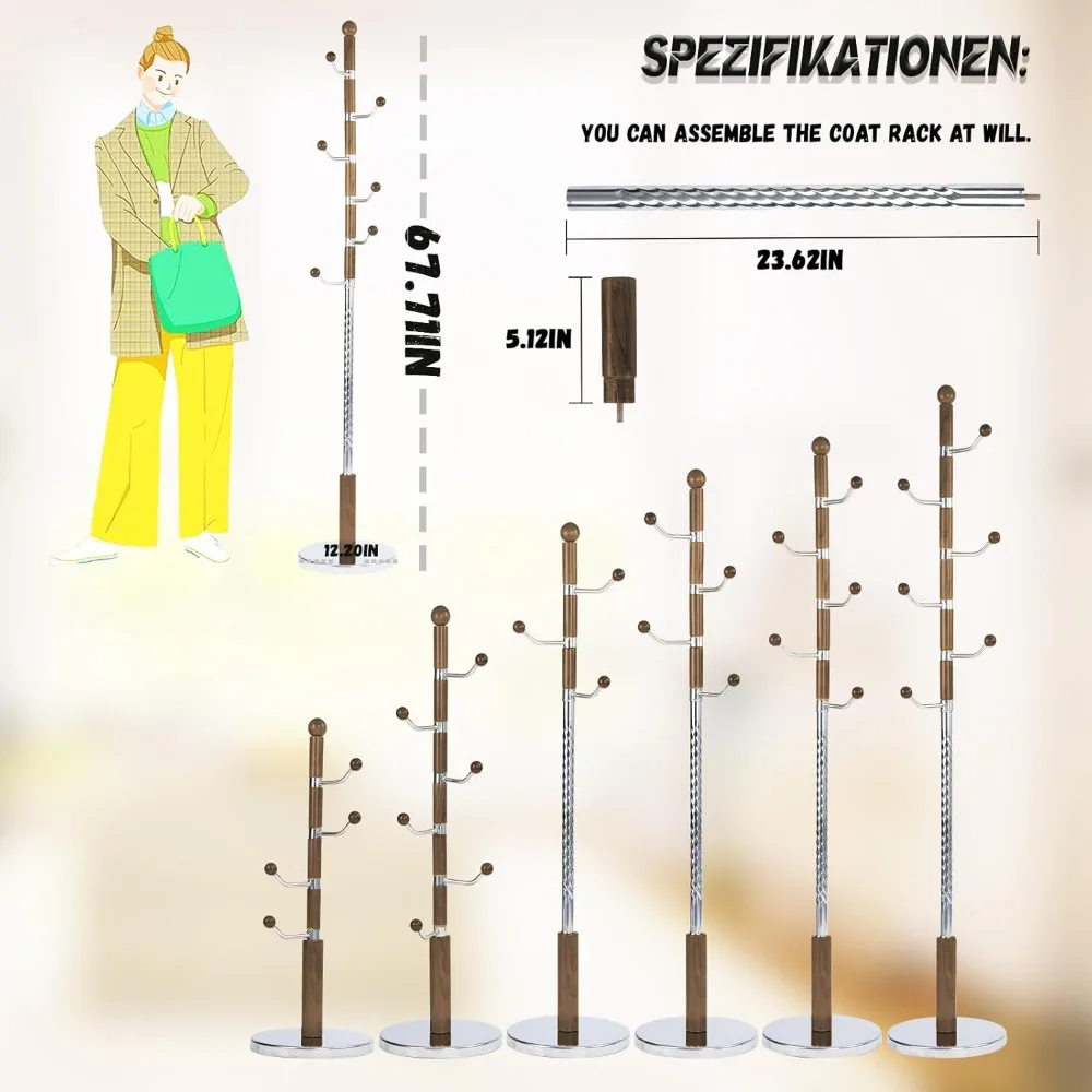 رف معطف قائم بذاته على شكل شجرة قابل للتعديل للمنزل وغرفة النوم مع قاعدة مستديرة ثابتة وبناء خشبي طويل الأمد #6