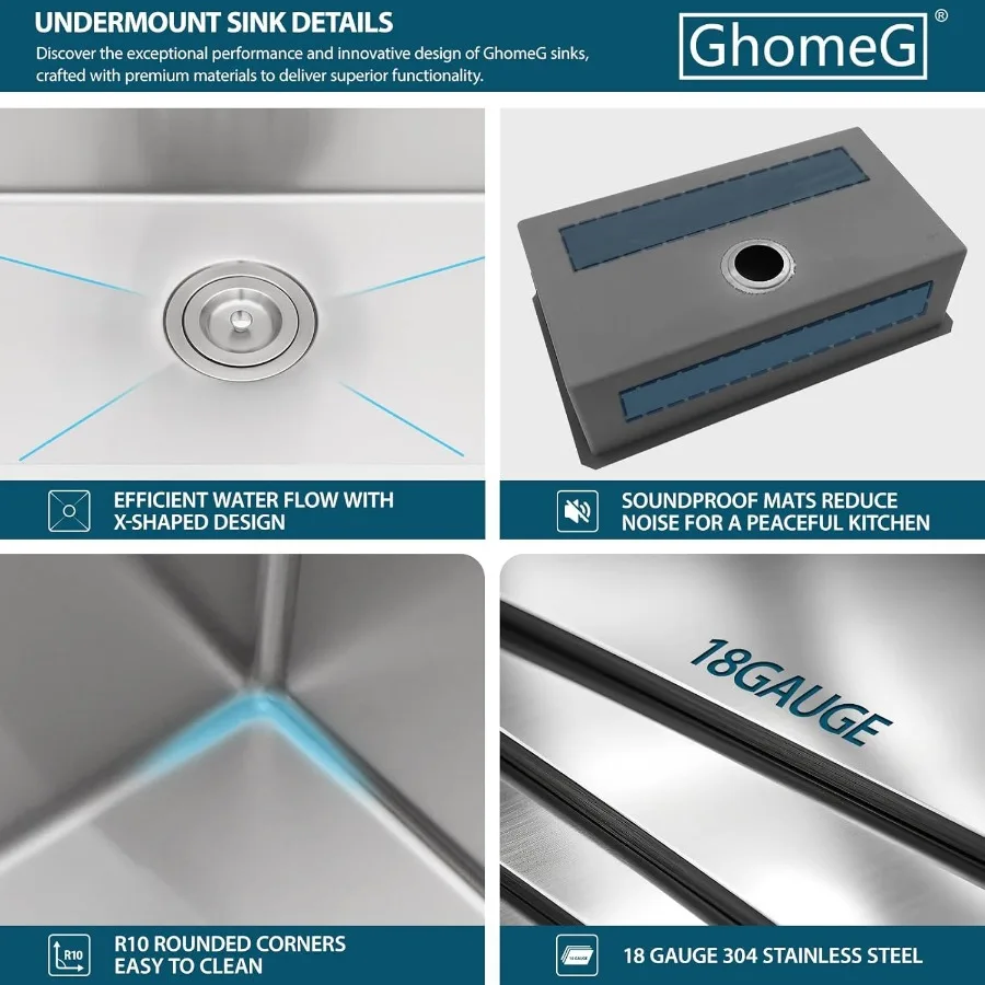 حوض المطبخ Undermount 33x19 بوصة وعاء واحد عميق 18 مقياس الفولاذ المقاوم للصدأ تحت حوض أحواض المطبخ مع R10 Round C