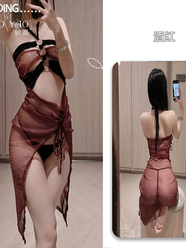 2025 New Sexy Chinese Style Hanging Neck Backless Hollow Out Mesh Sheer Dress Women Cinching Waist Slim High Slit Dress 53ZW