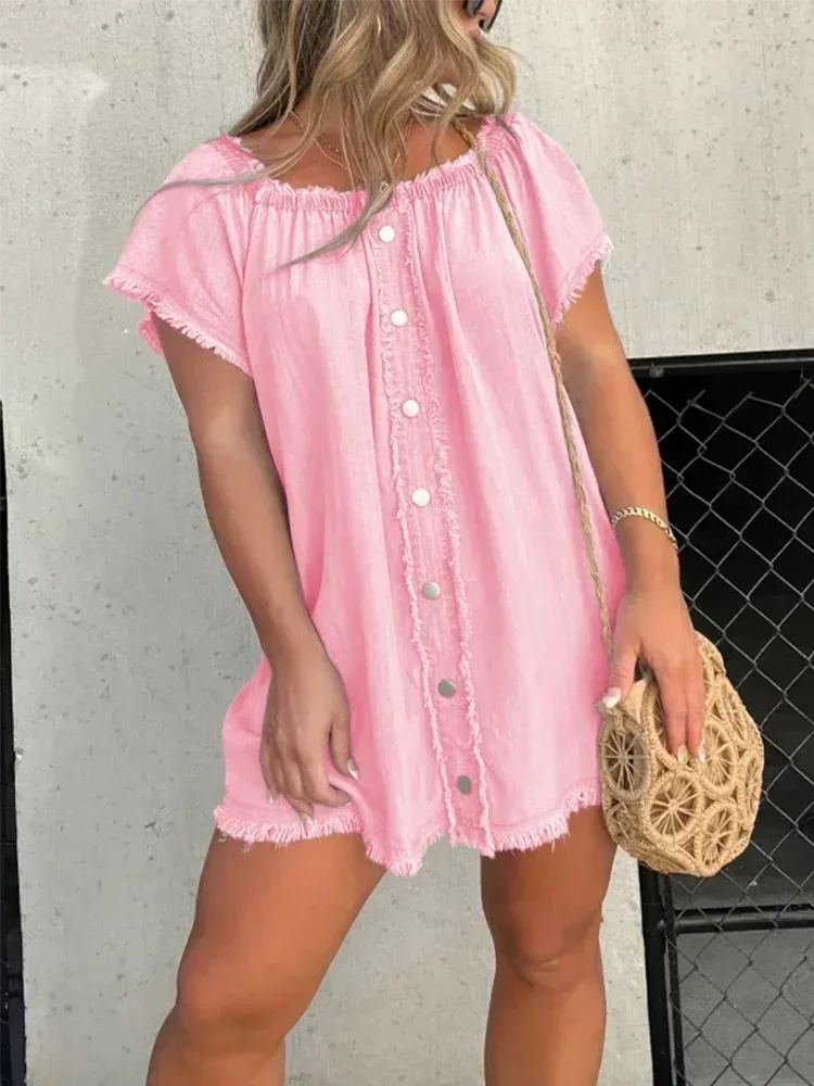 Women's Off-Shoulder Denim Dress Short Sleeve Raw Hem Casual Boho Summer Jean Dress S-3XL