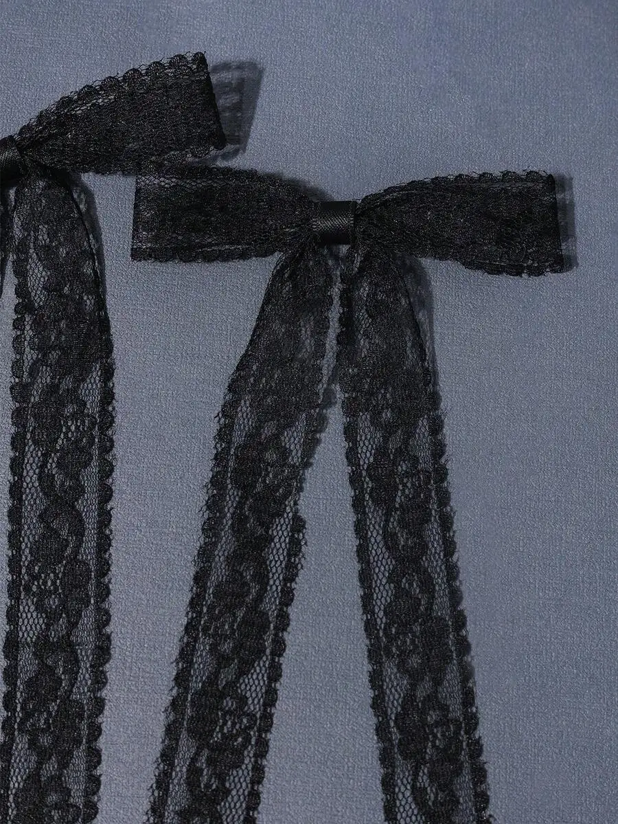 

2pcs Black Lace Bow Hair Clips For Women, Elegant Hairpins With Long Ribbons