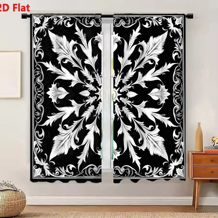 2Pcs Curtains 2D Flat Black And White Bandana Style Baroque Floral Pattern With Radiating Petals And Acanthus Foliage On Solid B