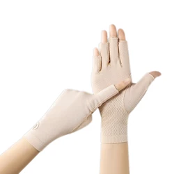 Guantes de algodón con pantalla táctil para mujer, protección solar, medio dedo, para conducción al aire libre, verano y otoño