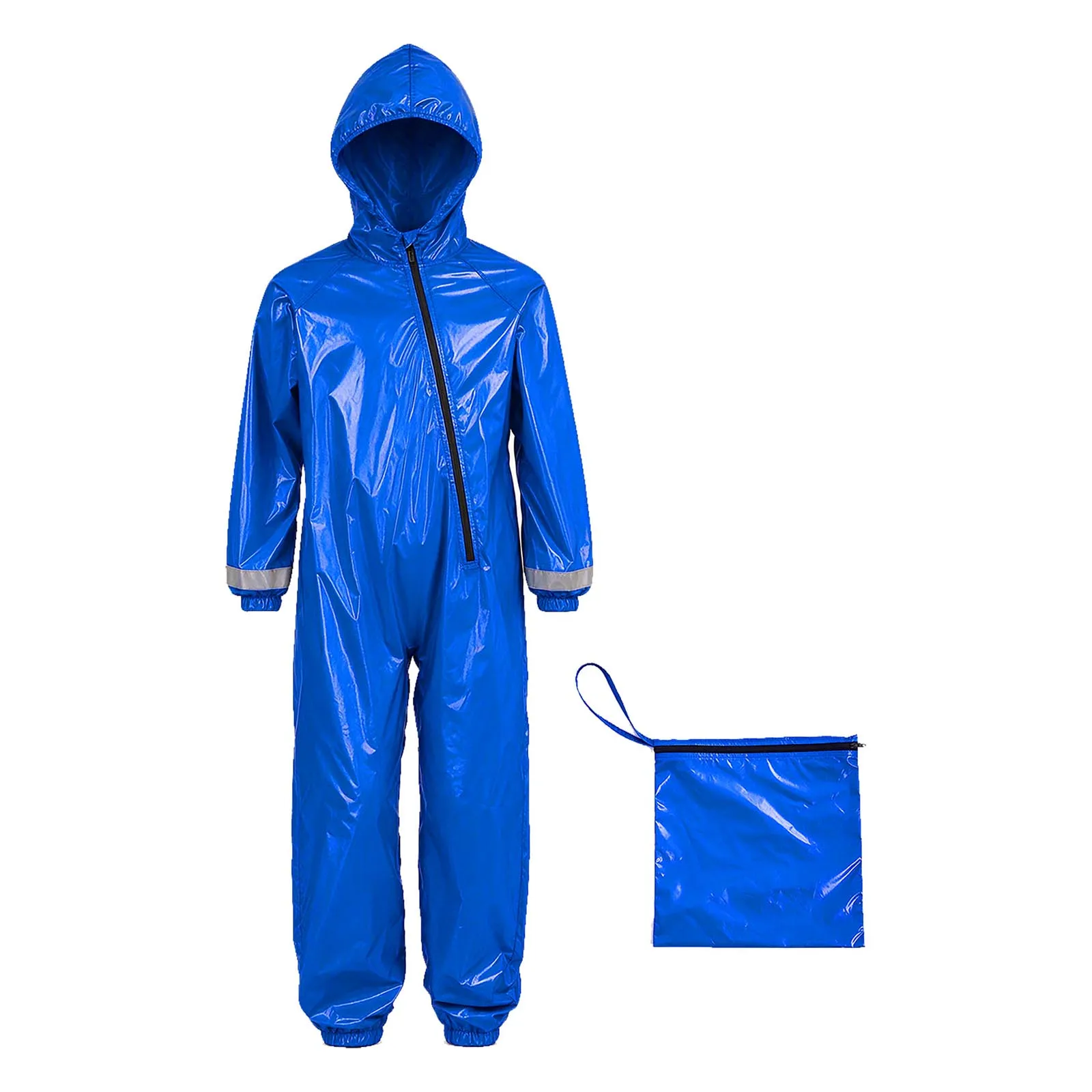 Kids Boys Girls Hooded Coverall Water Resistant One-piece Rainsuit Zipper Raincoat Reflective Strips Elastic Cuffs Legs Jumpsuit