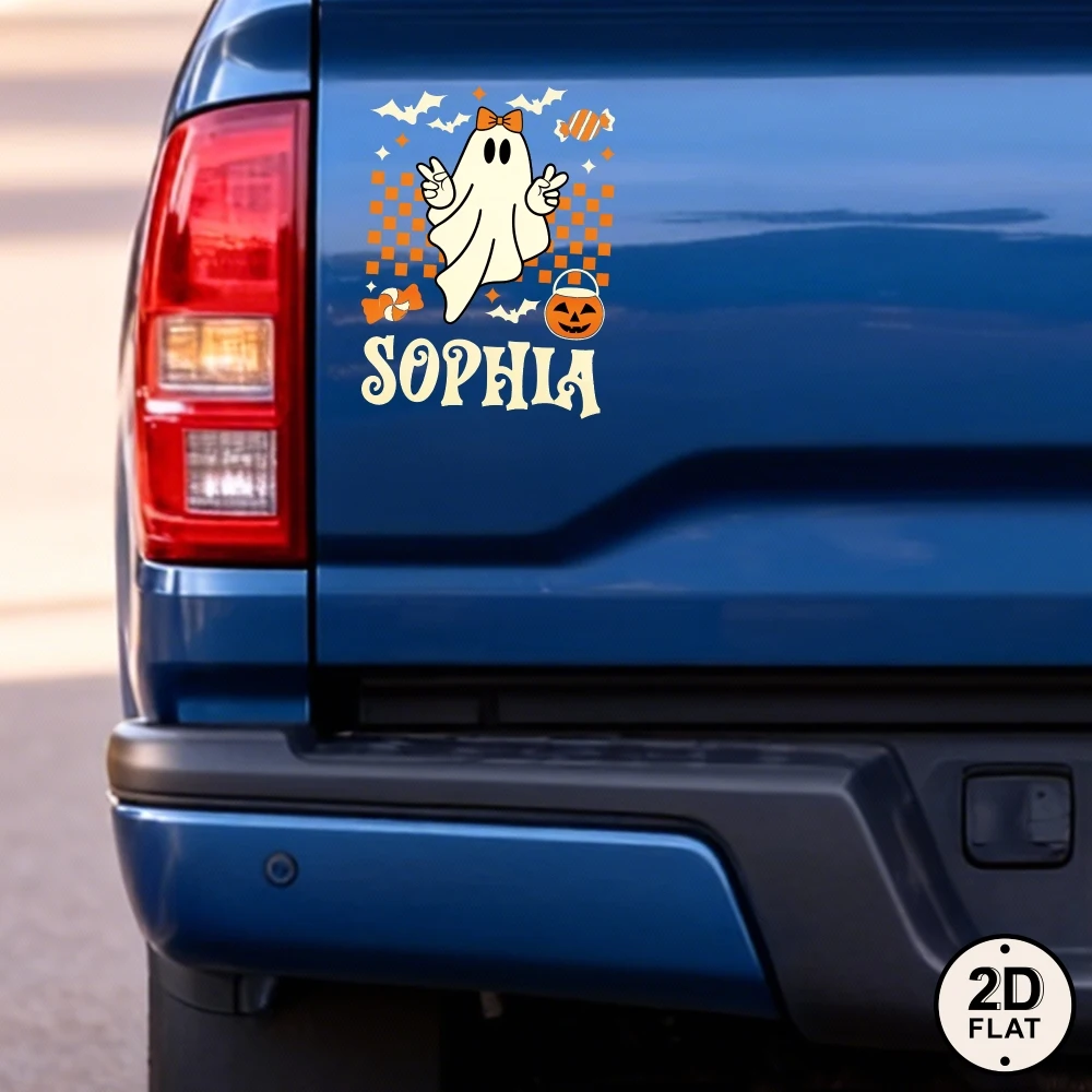 Halloween Ghost with Orange Bow & Candy Car Decal – Vinyl Window Sticker for Rear Windshield, Gas Tank Cap & Door