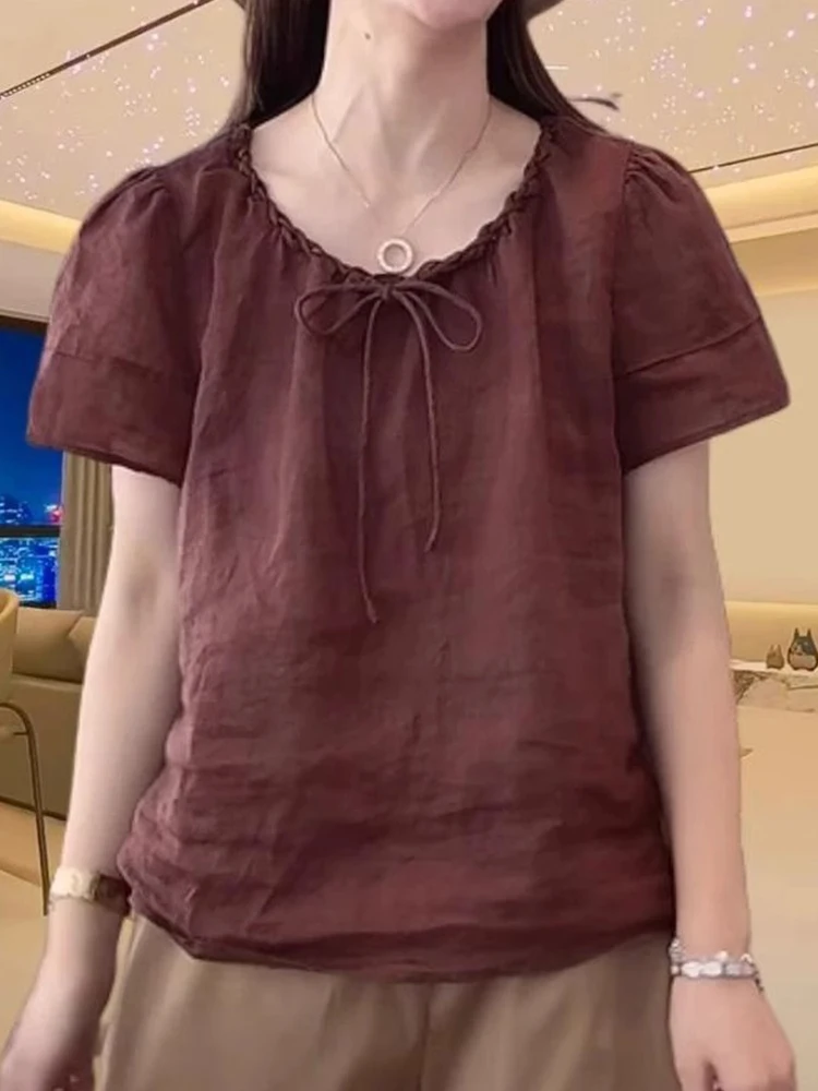

Retro Cotton Linen ort Sve irt Women Summer Loose Casual Tie round Ne Thin Linen Small Top Upper Apparel