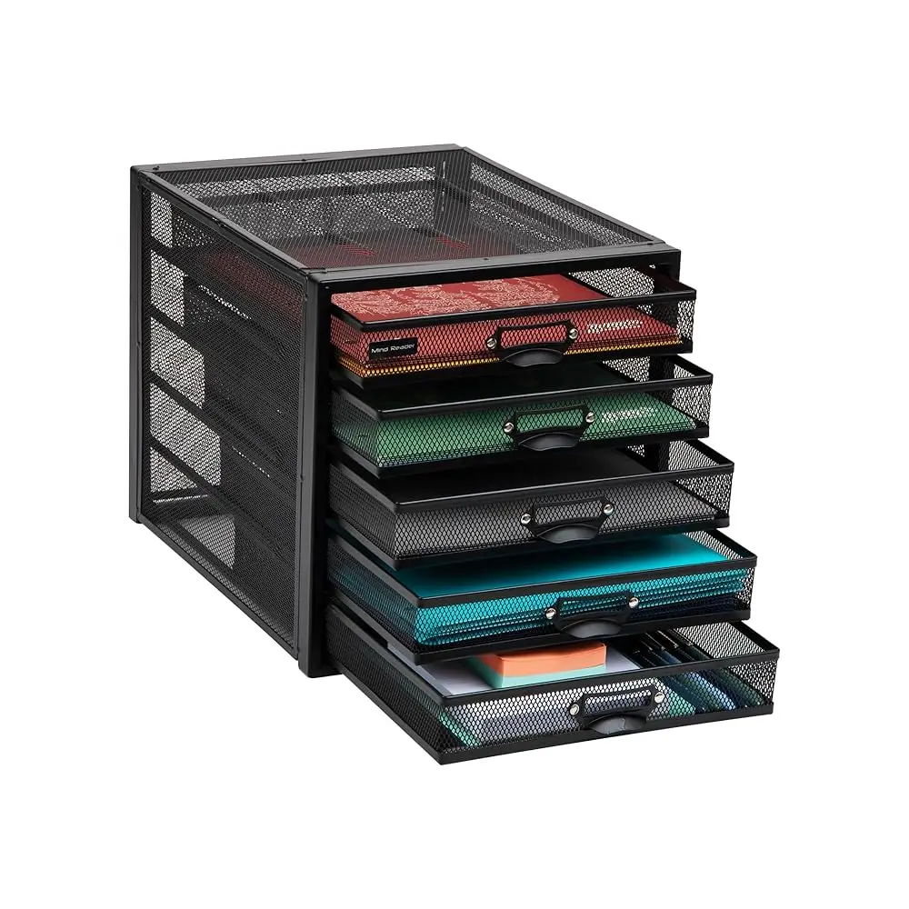 

File Storage Drawers, Desk Organizer, Multi-Purpose, Crafts, Office, Metal Mesh, 11""L X 14""W X 11""H, Black, 5 Drawer