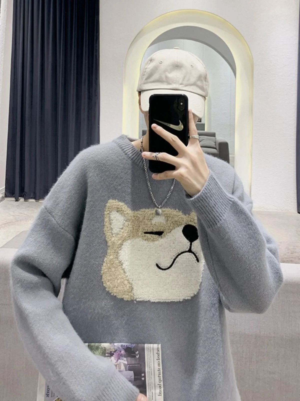 Sweater Pullover round Neck Adult Style Solid Color Cartoon Embroidery Retro Men's Autumn Winter Knitwear Trendy Handsome Loose