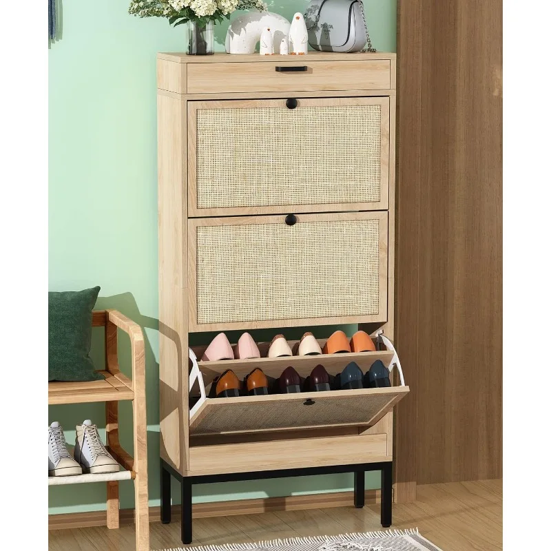 

Shoe Cabinet, Shoe Rack Storage Organizer with 3 Natural Rattan Doors, Entryway Hidden Shoe Cabinet for Sneakers,