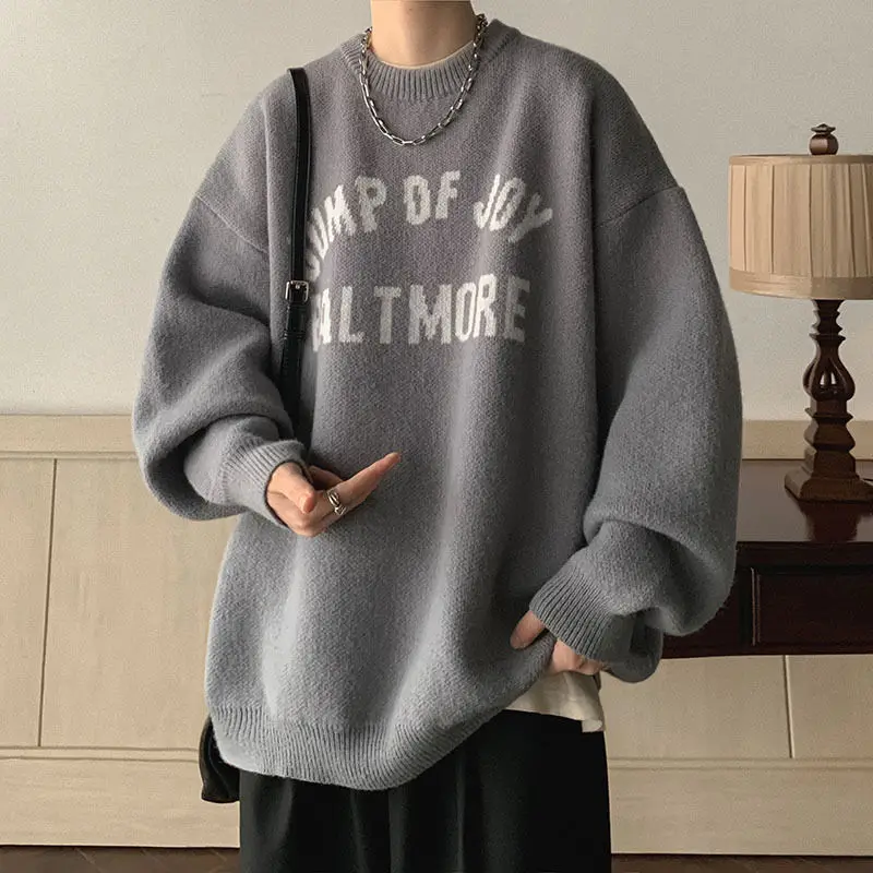 Fashion O-Neck Loose Korean Knitted Letter Sweaters Men's Clothing 2023 Autumn Winter Oversized Casual Pullovers All-match Tops