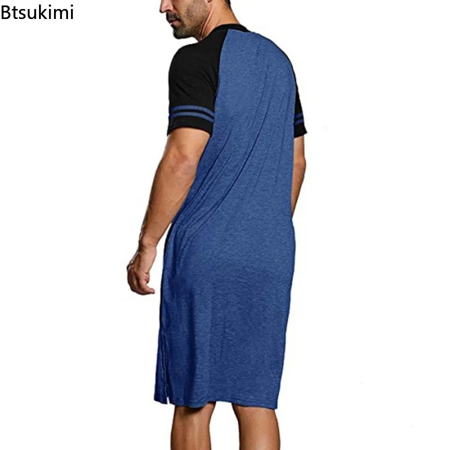 Pyjama à manches courtes pour hommes, robe patchwork, col rond, ourlet fendu, vêtements de maison pour hommes, pull décontracté, vêtements de nuit, mode, nouveau, 2024