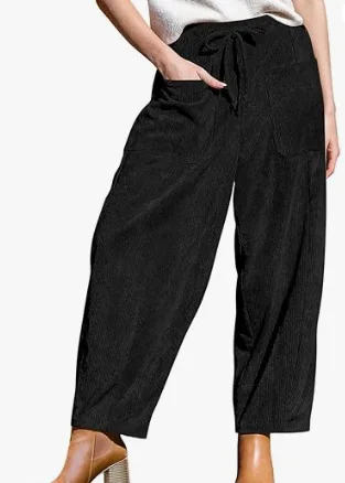 Women's Corduroy Pants  Loose Wide Leg Pants  Casual Elastic Waistband  Haren Pants with Pockets