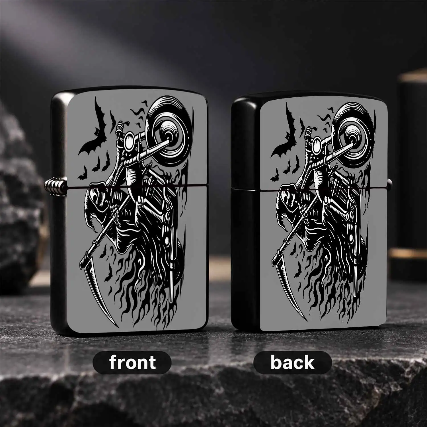 Vintage Grim Reaper Biker Themed Lighter, Bold Black White Linocut Print Design, Portable Stylish Accessory For Daily Carry Outdoor Camping Travel Gathering, Unique Spooky Creative Gift For Gothic Biker Style Enthusiast A Humorous And Inter