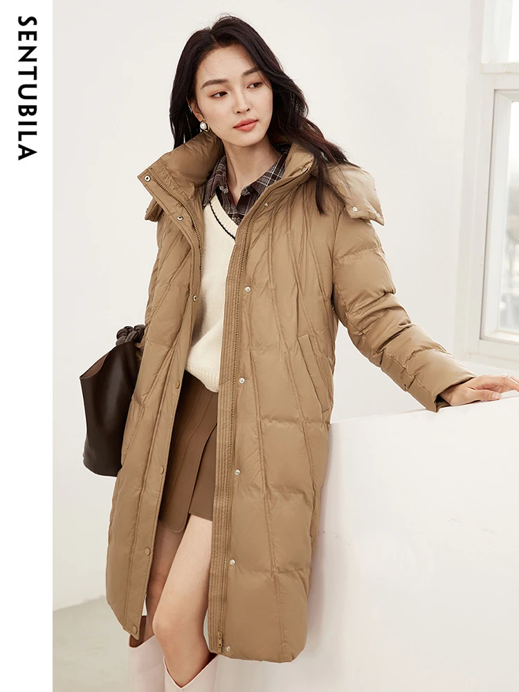 Imagem -03 - Jaqueta Puffer Sentubila com Capuz para Mulheres Comprimento Médio Gola de pé Cabolsas de Baixo Cinto Quente Moda Inverno 2023 W34y49490