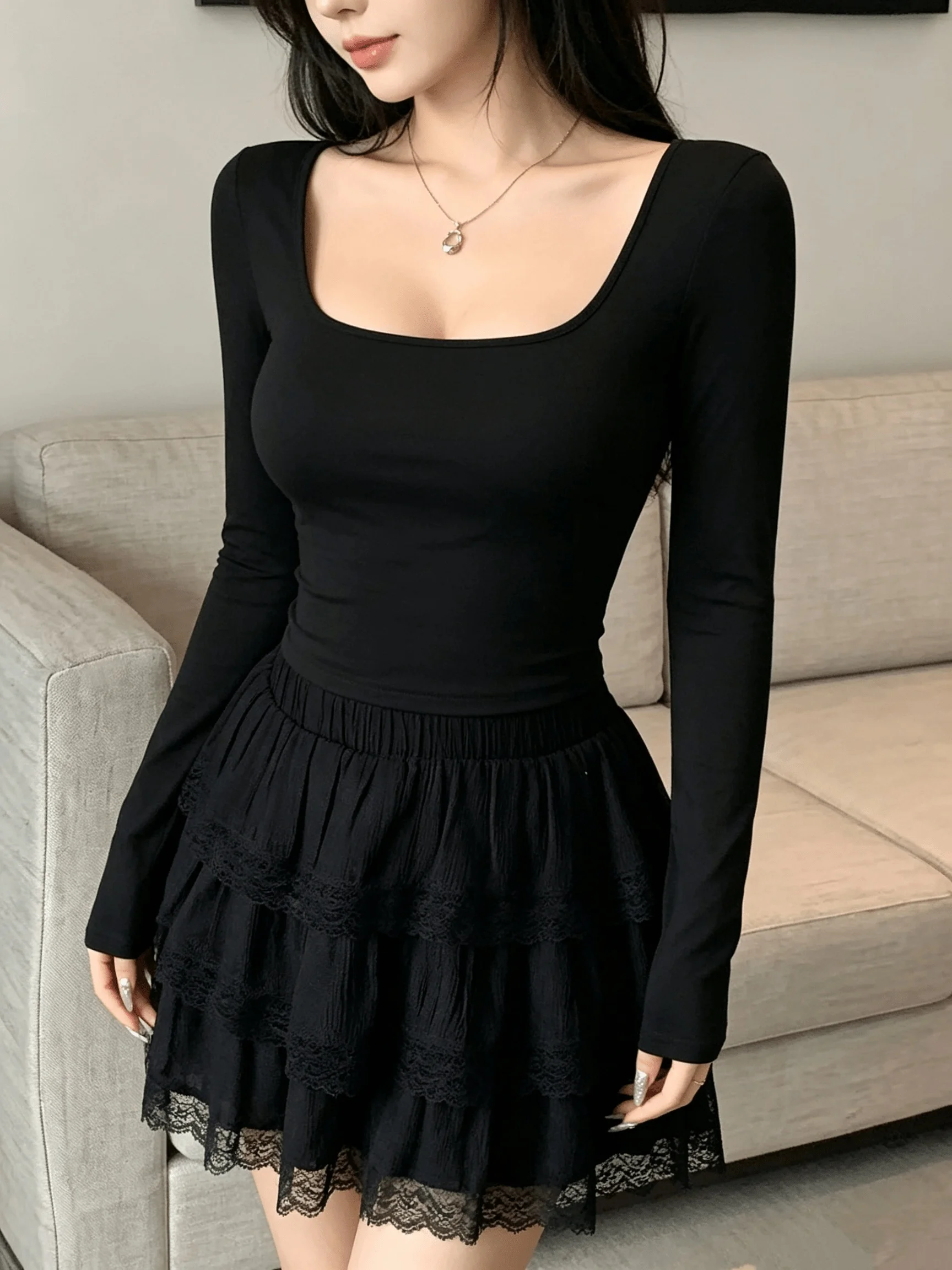 Damen Casual Bequemes Sexy T-Shirt mit eckigem Ausschnitt, einfarbig, langärmelig, Top, trendige Streetwear-Mode – Detail 6