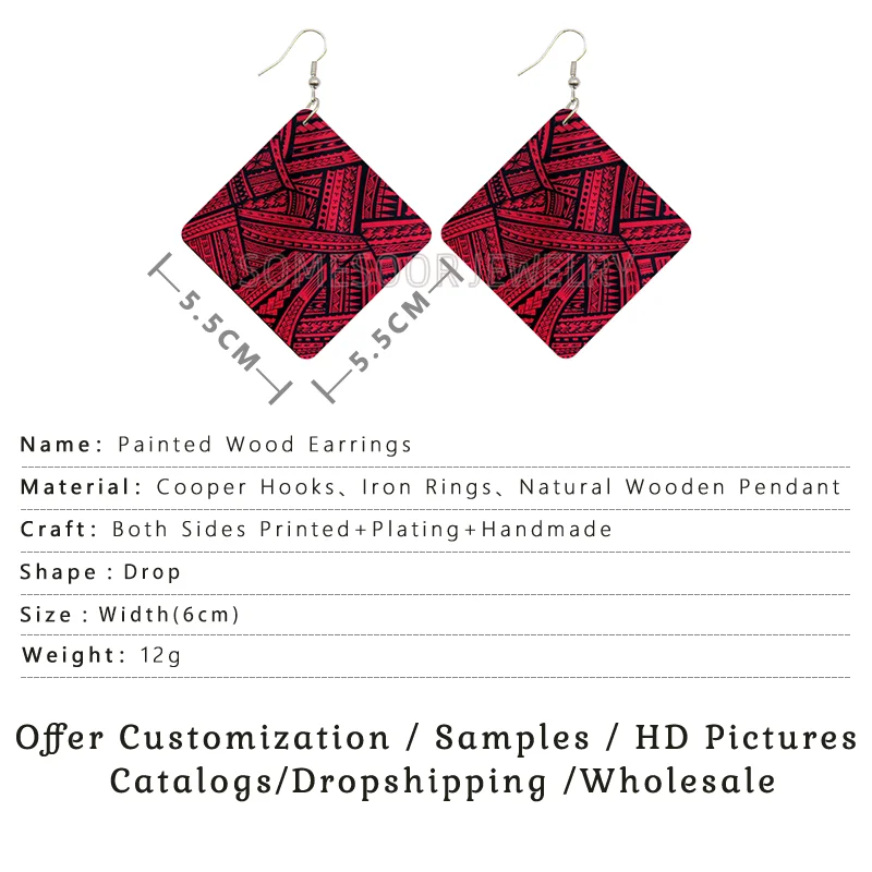 SOMESOOR Polynesian Art Samoan Fabric Print African Wooden Drop Earrings Hawaii Pattern Tribal Square Dangle Jewelry Women Gifts