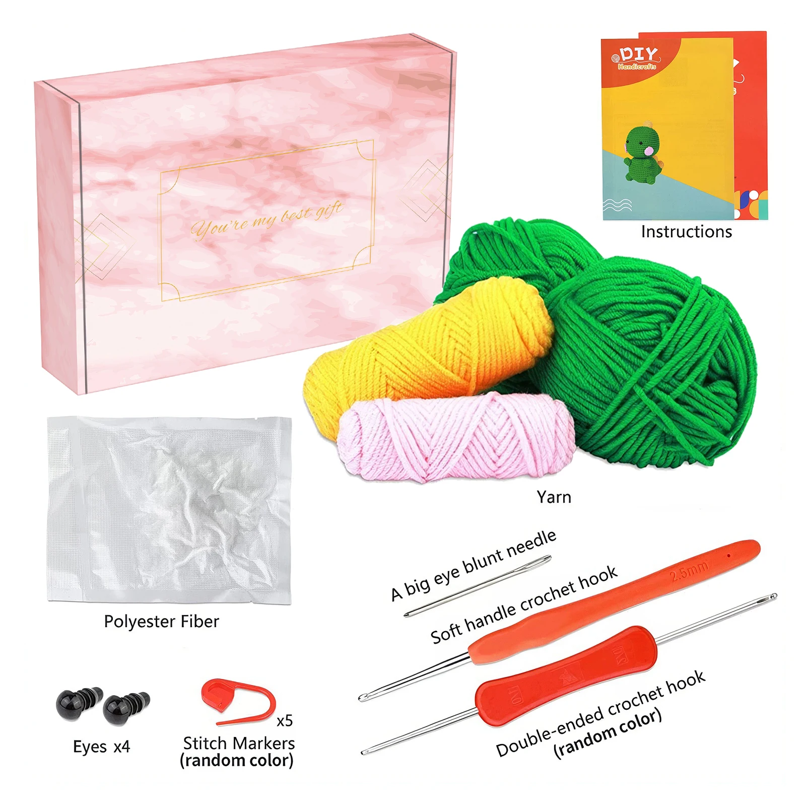 Kit de crochê DIY para iniciantes, dinossauro verde iniciante, boneca animal Craft Making, vídeo tutorial, olhos e enchimento, presentes para meninos