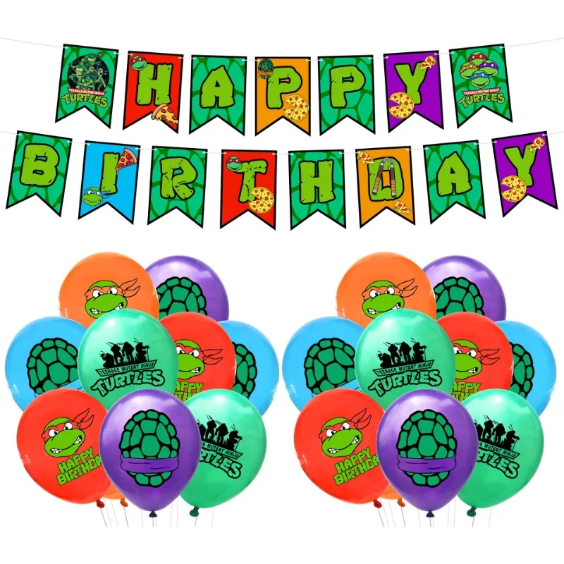 1Set Teenage Mutant Ninja Turtles Party Decoration Happy Birthday Banner Pull The Flag Cartoon Balloons Anime Cake Cards Topper