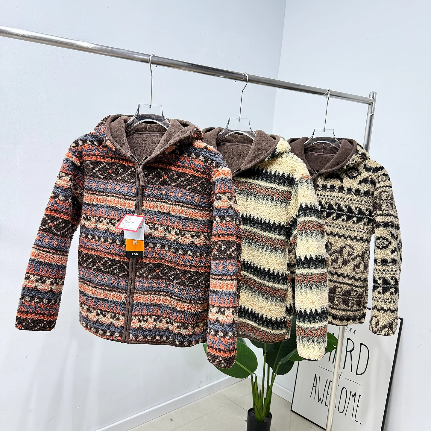 Retro Geometric Patterned Fleece Lined Thickened Warm Lamb Velvet Hooded Jacket for Women Autumn Winter Outerwear Coat