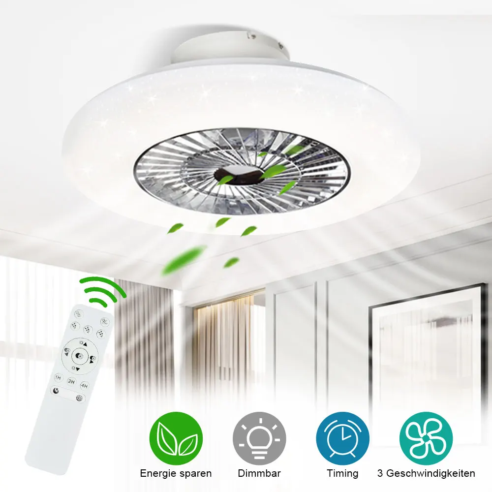 Depuley 59cm Remote Control Ceiling Fan with Lights 7 Invisible Blades 3 Color Changeable for Kitchen Restaurant Bedroom Timing