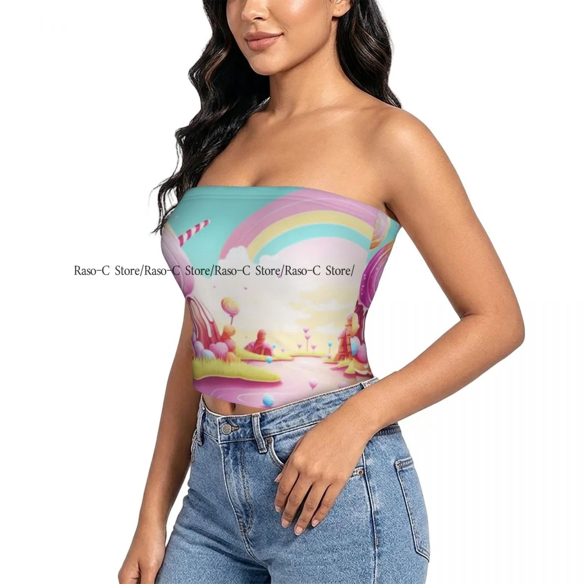 Women's strapless halter top Landscape Of Sweet Cupcakes With Gingerbread Rainbow Pastel summer sexy short-sleeved top