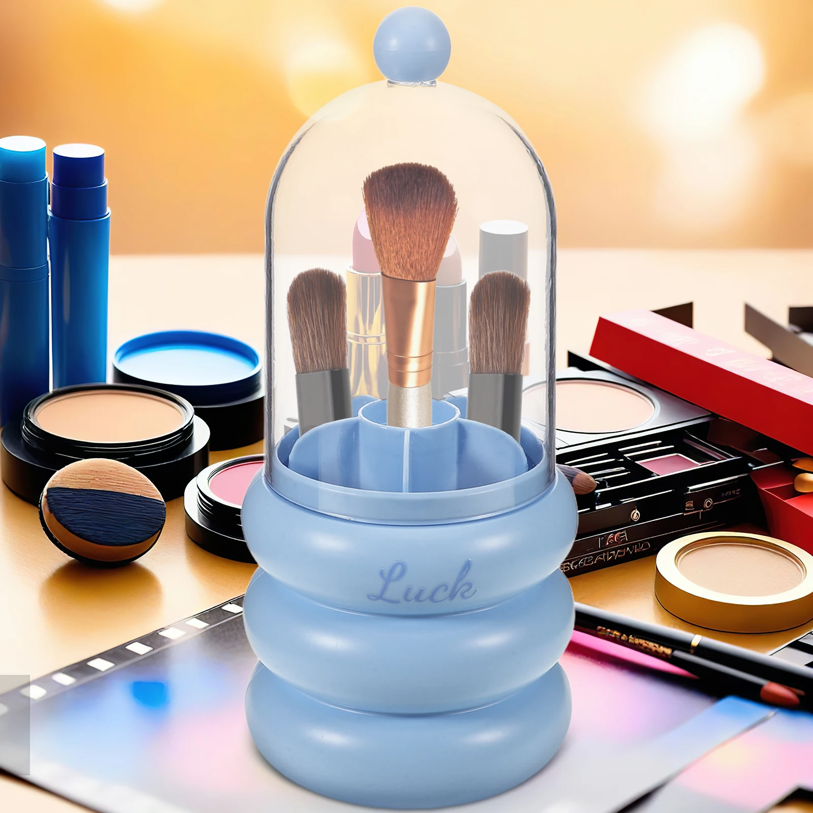 Rotating Makeup Brush Organizer Clear Lid Vanity Holder Large Capacity Storage Cup Multifunctional Beauty Tool Case For
