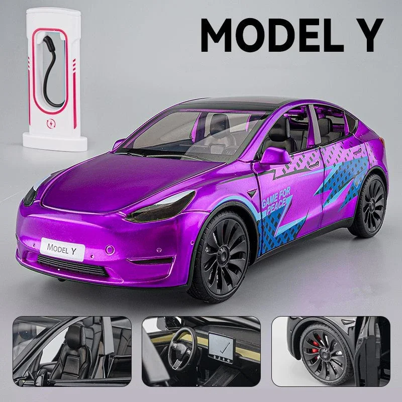 1:24 Tesla Model 3 Model Y Alloy Car Diecast Metal Toy Vehicles Car Simulation Sound and Light Collection Kids Gifts