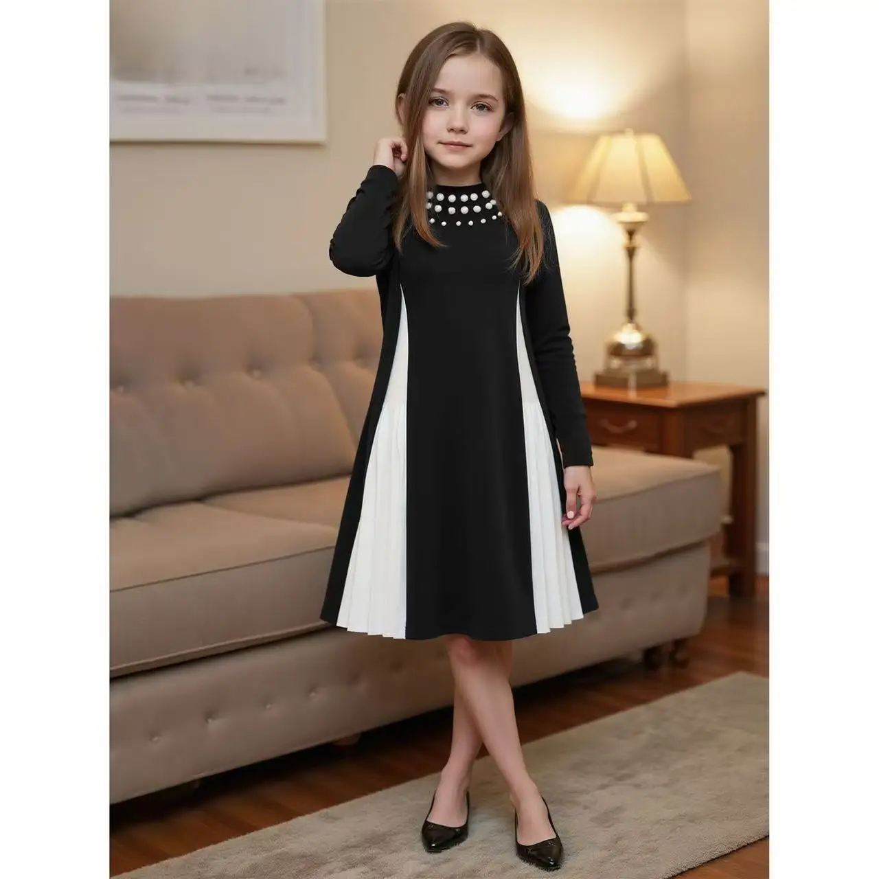 2026 New Premium Spring Autumn Girls Dress Slim Fit Elegant Long Sleeve Black White Toddler Dress for 100-140cm