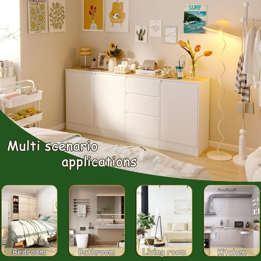 خزانة بوفيه جانبية بيضاء مع 3 أبواب و3 أدراج، 70.9 بوصة. خزانة ذات أدراج لتخزين غرفة النوم
