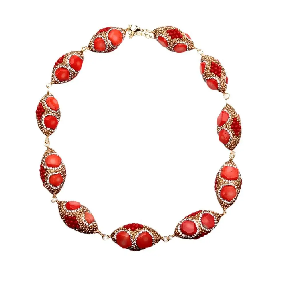 

Y.YING Orange Red Coral Golden Crystal Pave Bead Choker Necklace Fashionable Women