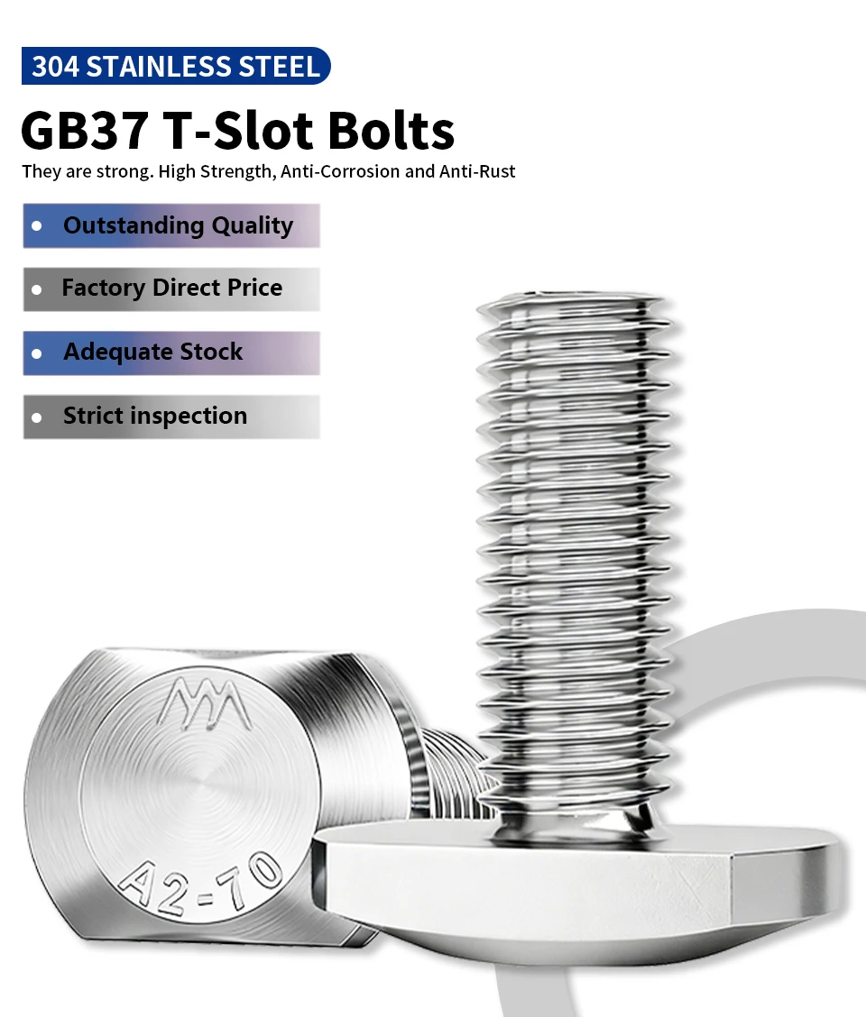 304 SS A2-70 T-Bolzen mit Vierkantkopf, T-Nut-Bolzen, GB37 Hammerkopfschraube M5 M6 M8 M10 M12, metrischer Befestigungseinsatz für T-Nut-Schienen – Detail 1
