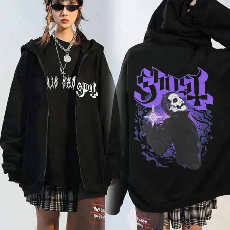 90s Vintage Ghost Band Cars printing zip up hoodies men's Oversized  winter  fleece zipper Sweatshirts Jackets y2k streetwear