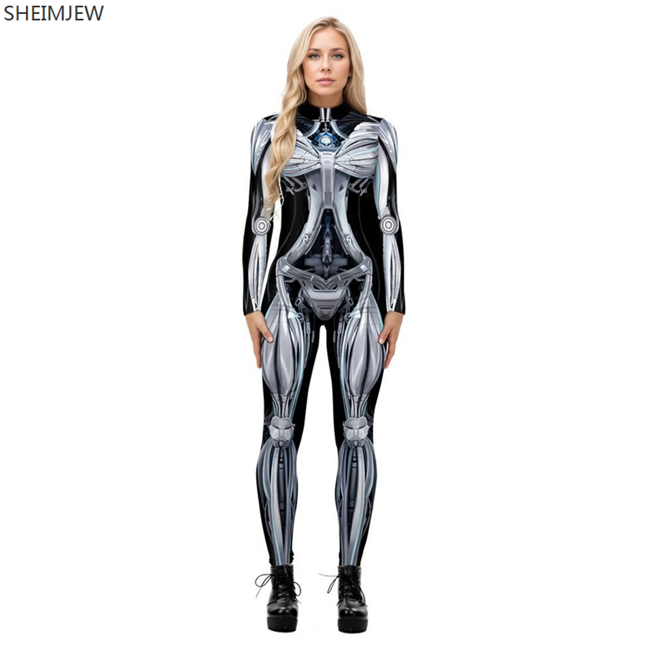

Adult Mechanical Jumpsuit Skull Print Bodysuit Women Halloween Cosplay Zentai Suit Anime Cartoon Stage Dress Up Rave Catsuit New