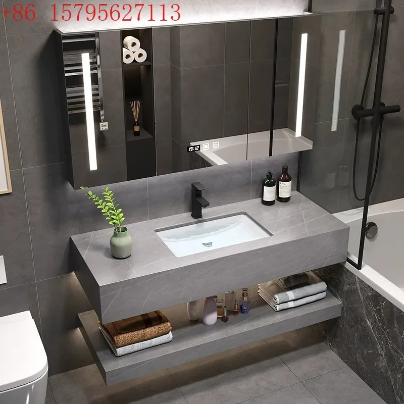 

Modern simple rock slab integrated bathroom cabinet hand wash basin wall-mounted smart bathroom