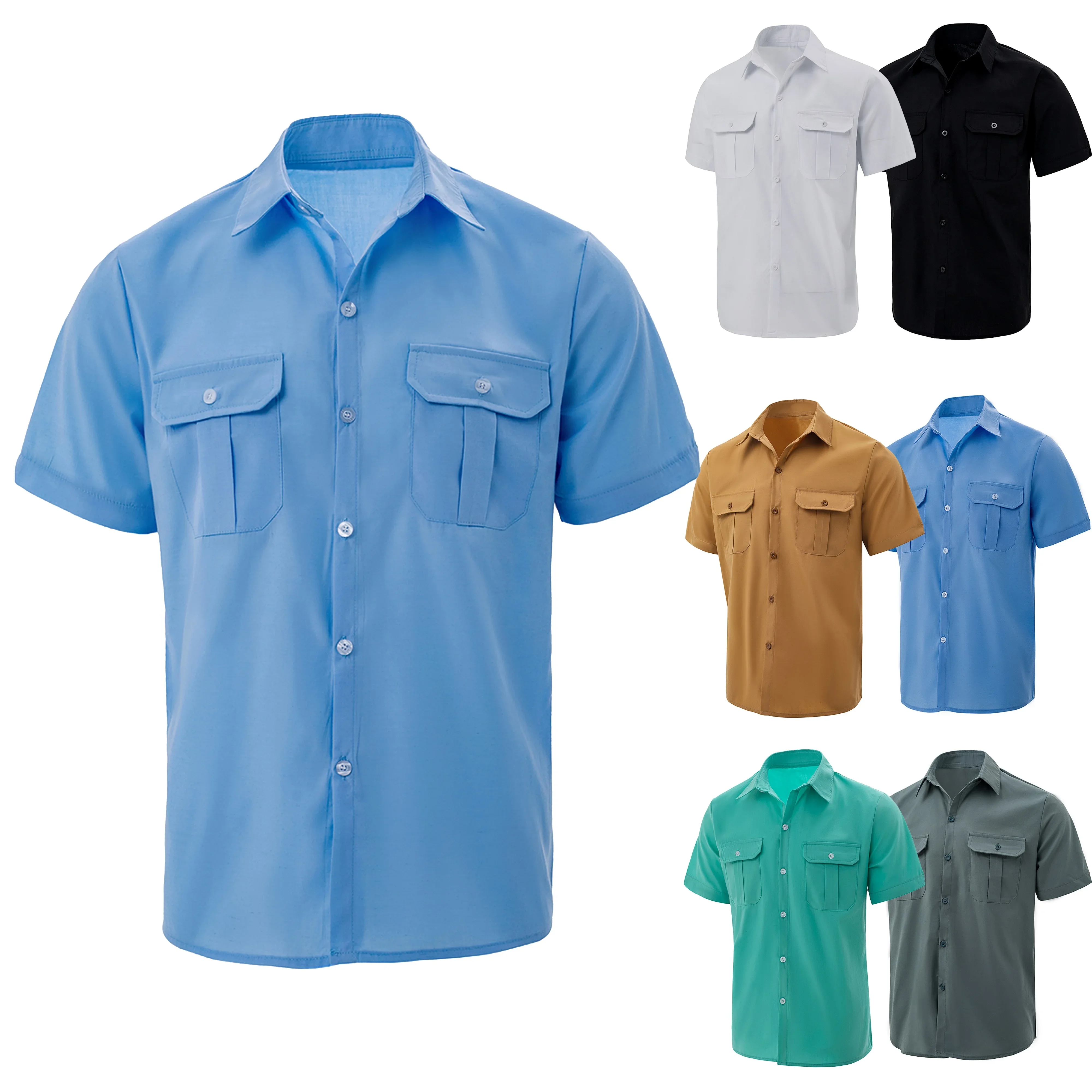 

Men's Summer Lapel Solid Short Sleeve Shirt with Two Pockets Casual Button Comfort Cardigan