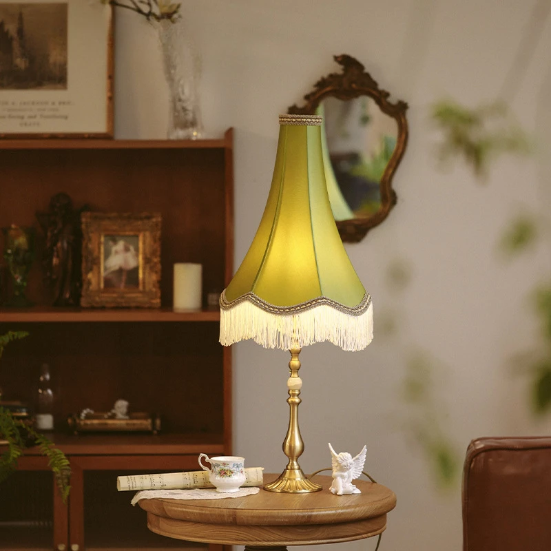 

American light luxury bedroom bedside lamp, living room retro tassel brass desk lamp