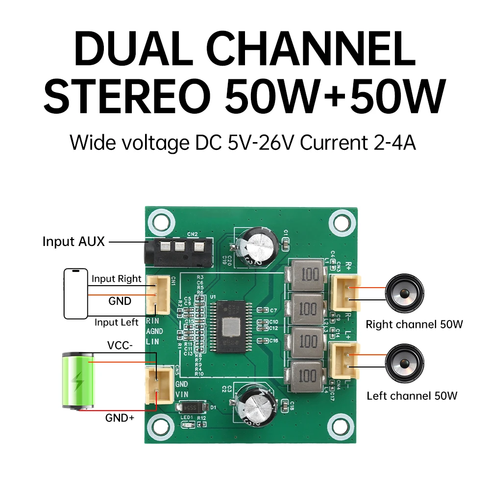 DC 5V-26V 2A-4A 50W+50W 2.0 Channel Digital D-class Stereo Audio Amplifier Board TPA3116 50WX2 Amplificador Sound Board