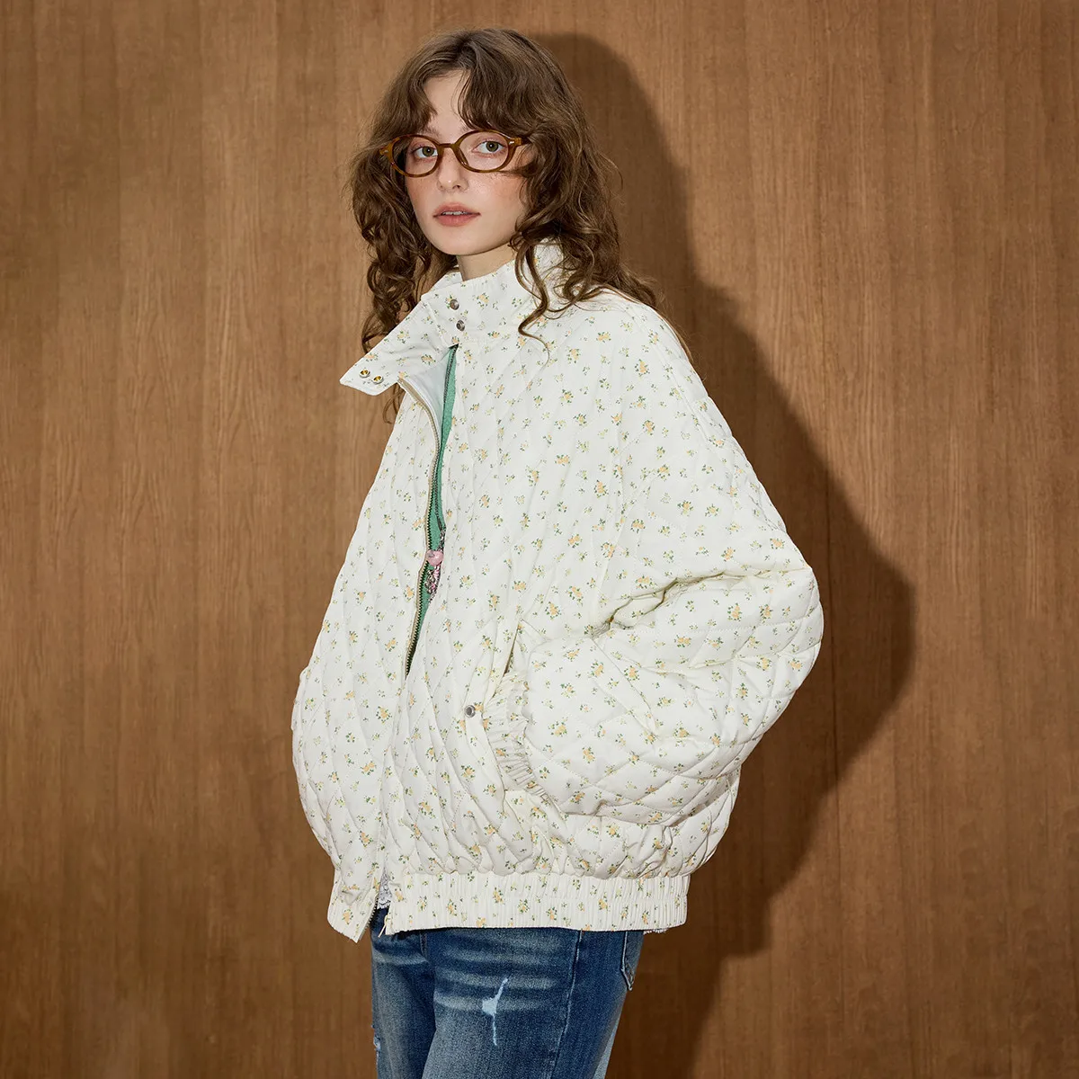 Winter-Damen-Parka mit Blumendruck, herzförmiger Stehkragen, lockere Passform, blühende Jacke, weiche Plüschfüllung, romantisches Lolita