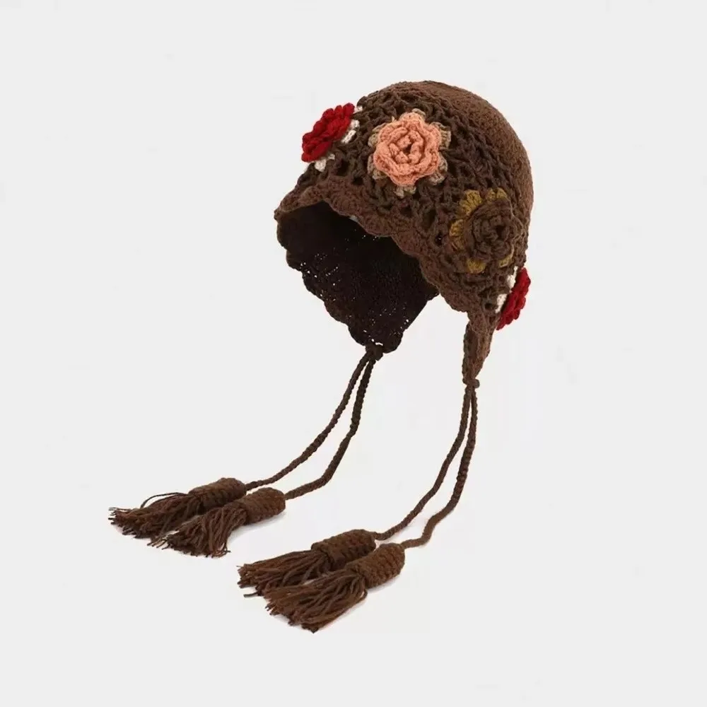 

Tassels Crochet Knitted Hat Handmade Craft Windproof Ear Protection Hat Bohemian Style Hollow Out Korean Weave Cap