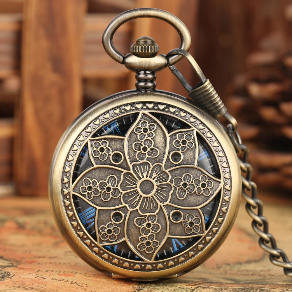 Blue Roman Numerals Dial Bronze Charm Blooming Flower Mechanical Hand Winding Pocket Watch Men's Retro Pocket Chain Timepiece