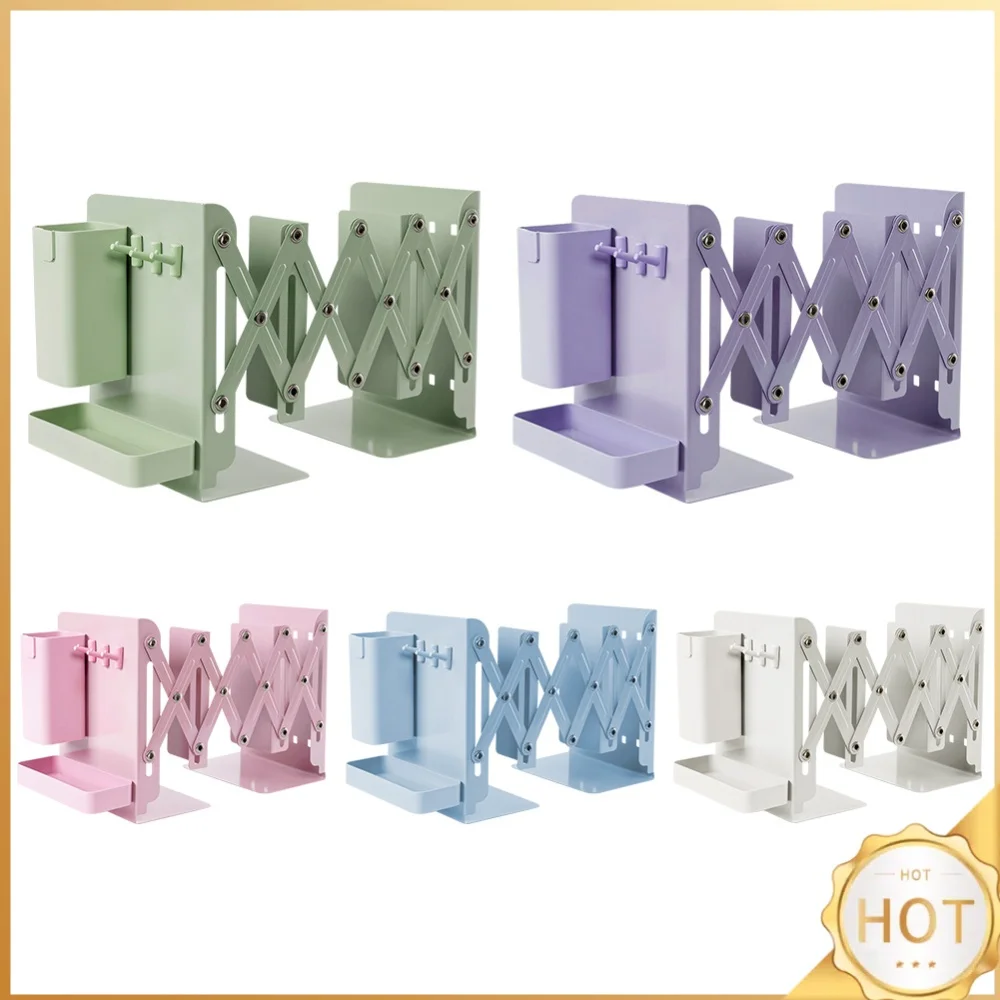 Retractable Desktop Bookstand with Basket & Hook Modern Metal Book Holder Vertical File Sorter Rack Students Supplies